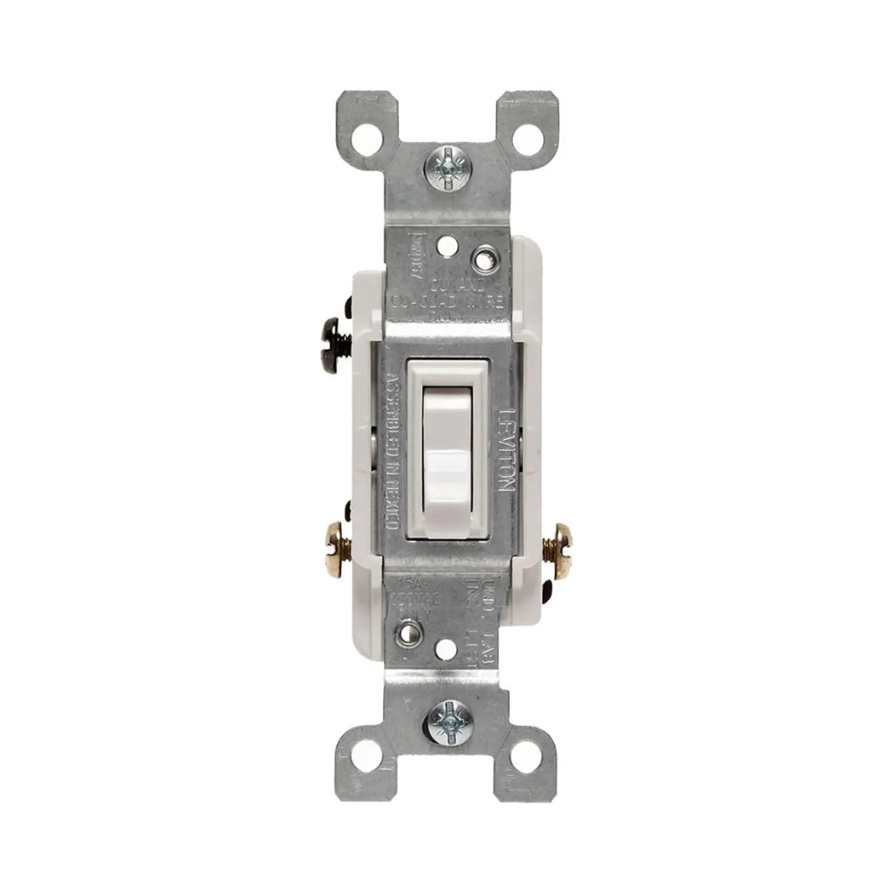 A single Go Build 3 Way Toggle Switch 15A - White, front view, on a metal bracket with screw holes visible.
